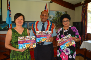 Minister for Health and Medical Services Mr Jone Usamate, Assistant Minister Mrs Veena Bhatnagar and Mrs Joanne Choy at the launch of the Khana Kakana cookbook.